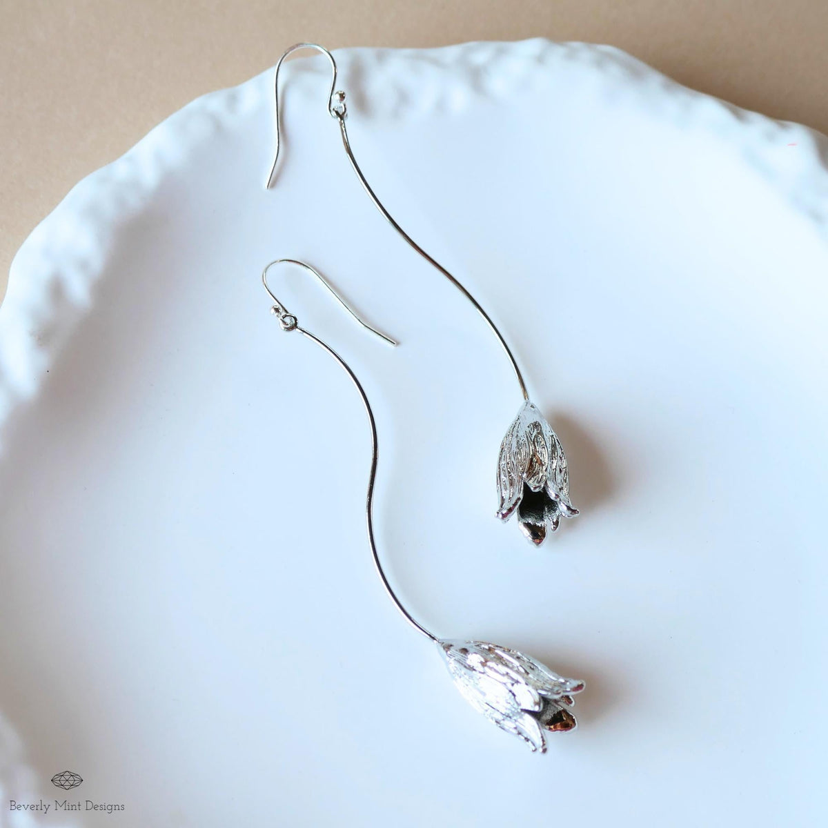 Silver Tulip Drop Earrings, Botanical Nature Inspired Copper Jewelry, Sensitive Ear & Clip-On Options