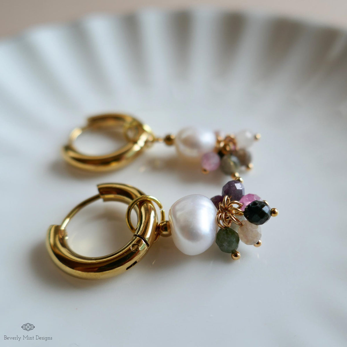 Chunky Hoop Huggie Earrings, Pearl Cluster Drops, Gold Boho Earrings, Dainty Gift for Her, Handmade Fall Jewelry, Gift For Her