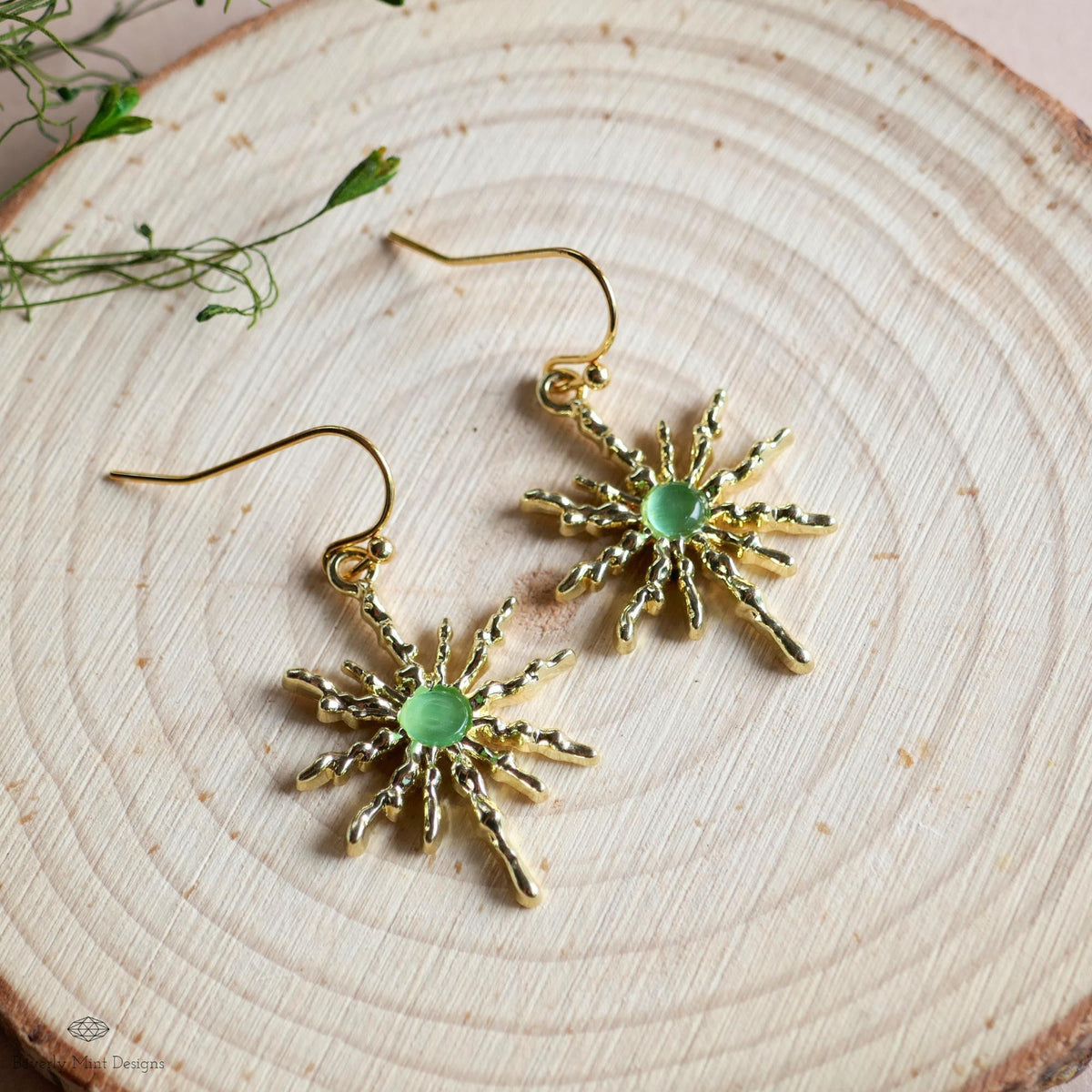 Sun Earrings, Gold Sunburst Earrings with Green Stone, Celestial Boho Jewelry, Dangle Earrings for Women, Sensitive Ear & Clip-On Options