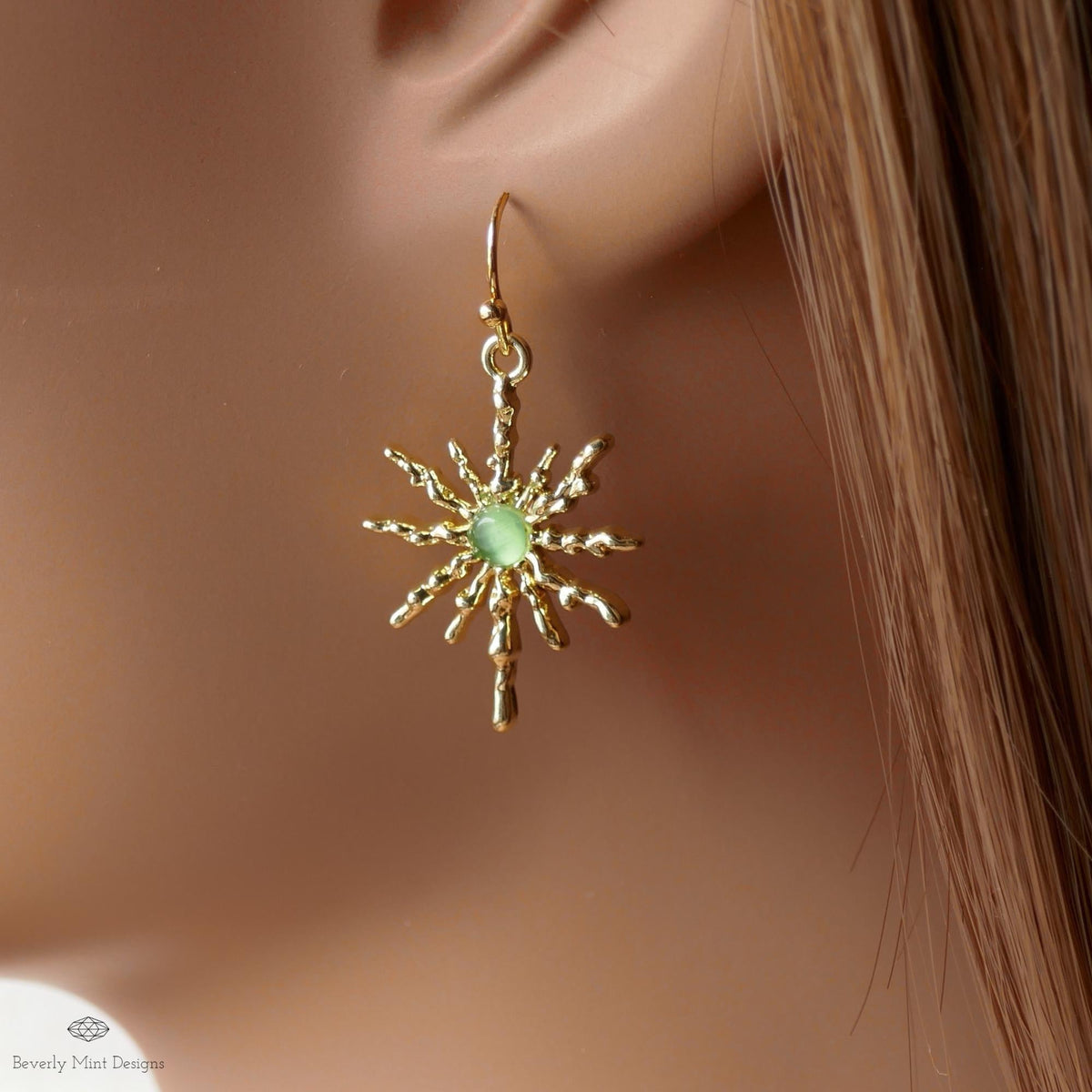 Sun Earrings, Gold Sunburst Earrings with Green Stone, Celestial Boho Jewelry, Dangle Earrings for Women, Sensitive Ear & Clip-On Options