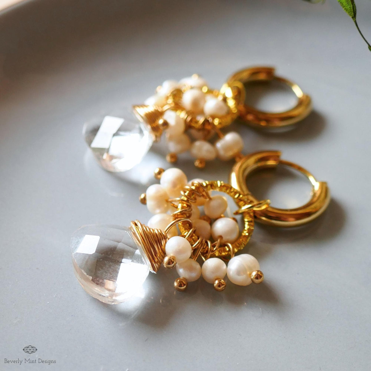 Clear drop earrings, pearl cluster earrings, gold hoop earrings, bridal jewelry, handmade gift for her, dangle earrings