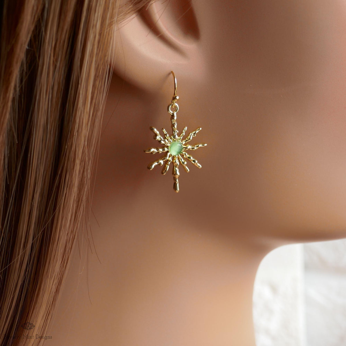 Sun Earrings, Gold Sunburst Earrings with Green Stone, Celestial Boho Jewelry, Dangle Earrings for Women, Sensitive Ear & Clip-On Options
