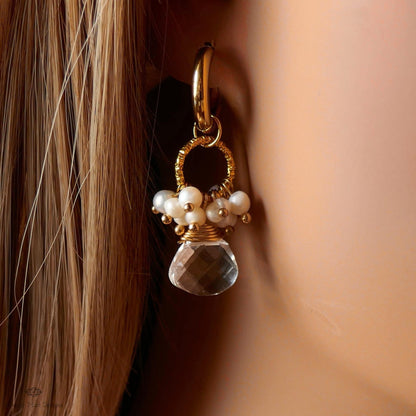 Clear drop earrings, pearl cluster earrings, gold hoop earrings, bridal jewelry, handmade gift for her, dangle earrings