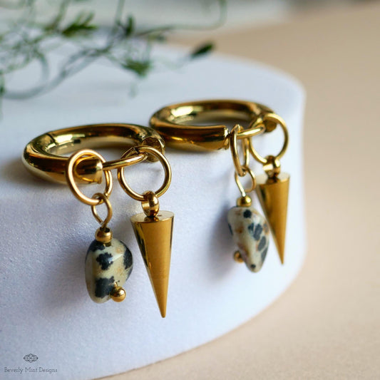 Dalmatian Jasper Spike Earrings, Gold Hoop Earrings, Gemstone Drop Hoops, Edgy Stone Earrings, Modern Jewelry, Statement Hoops