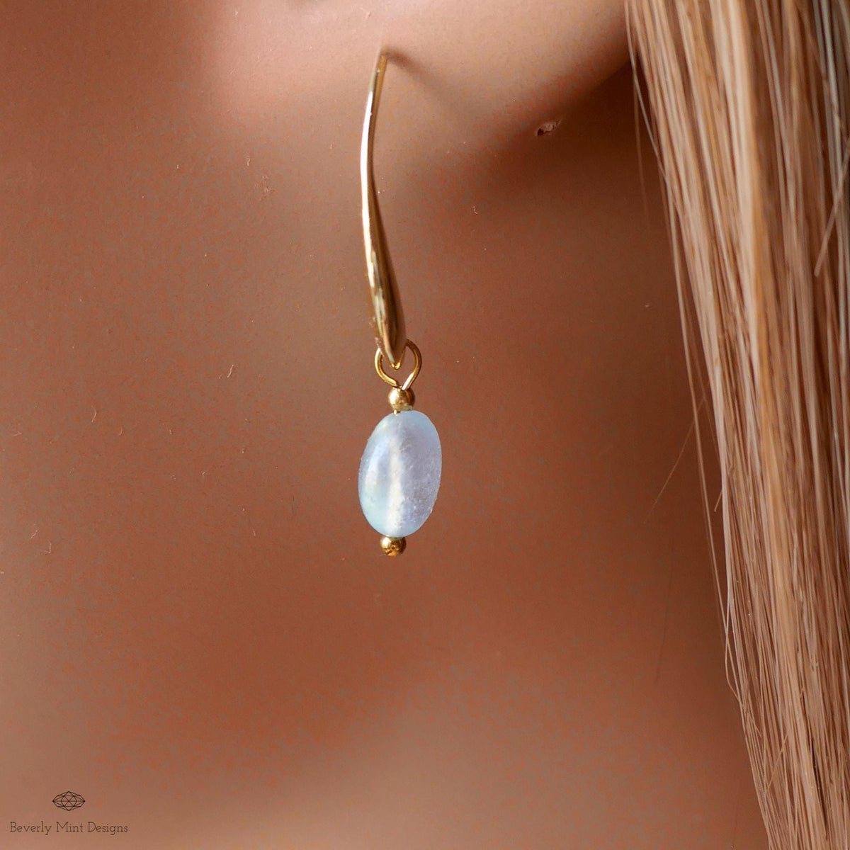 Aquamarine Dangle Earrings, Gold Drop Earrings, Minimalist Earrings, March Birthstone Jewelry, Sensitive Ear & Clip-On Options