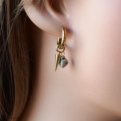 Dalmatian Jasper Spike Earrings, Gold Hoop Earrings, Gemstone Drop Hoops, Edgy Stone Earrings, Modern Jewelry, Statement Hoops