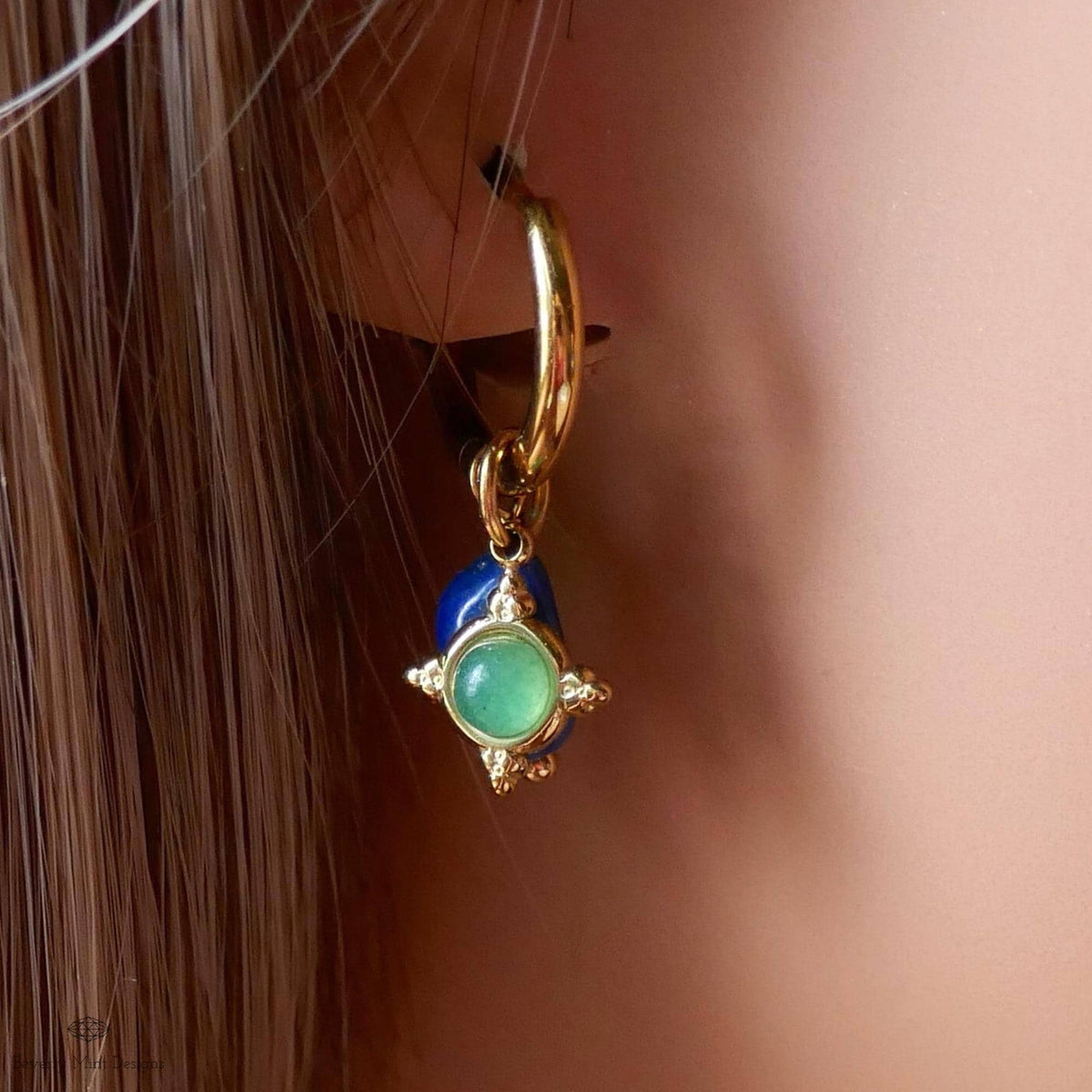 Lapis Lazuli and Green Stone Dangles, Boho Drop Hoops, Unique Jewelry for Her, Dainty , Unique Everyday Jewelry
