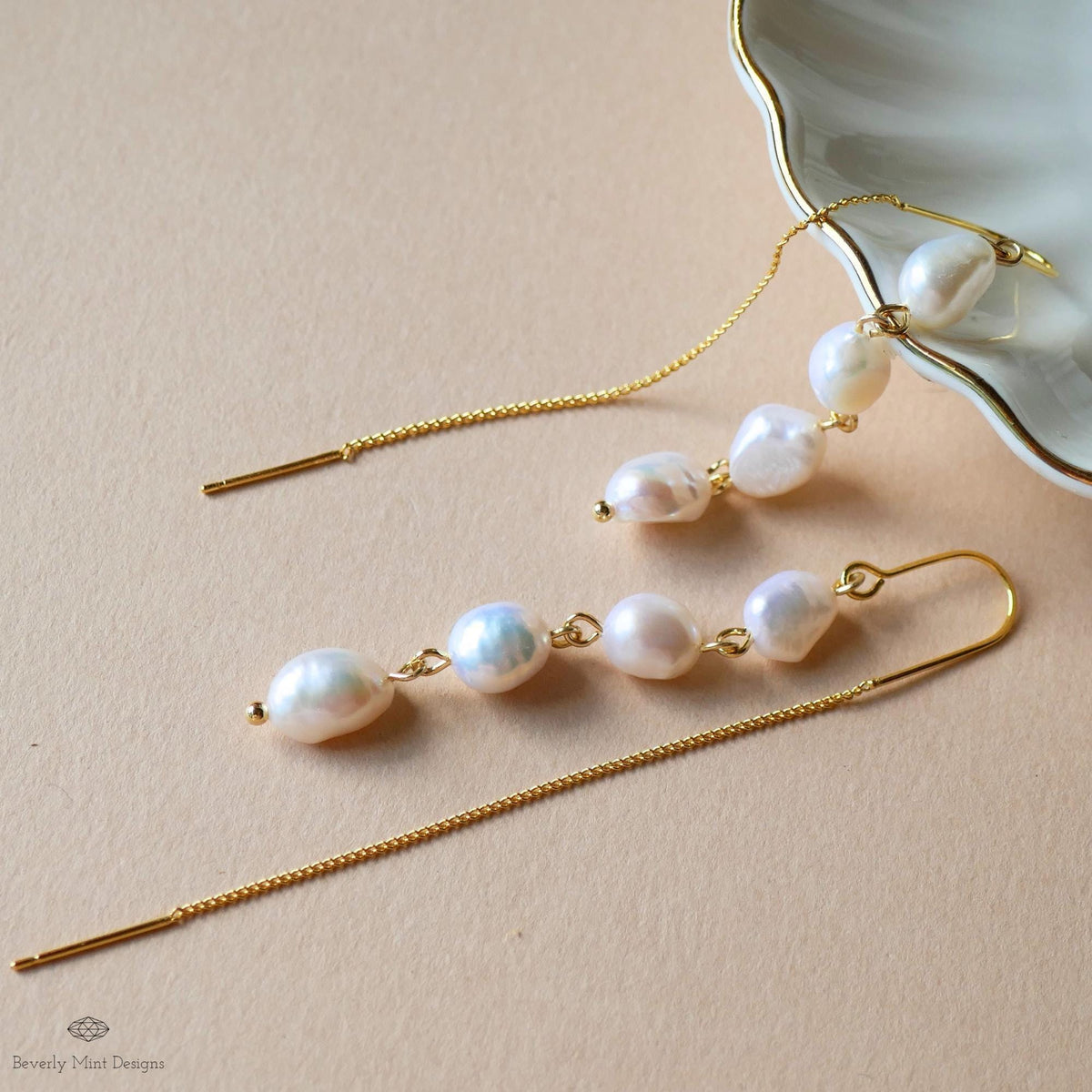 Freshwater Pearl Earrings with Gold Threader, Long Drop Earrings, Dainty Minimalist Jewelry, Sensitive Ear & Clip-On Options