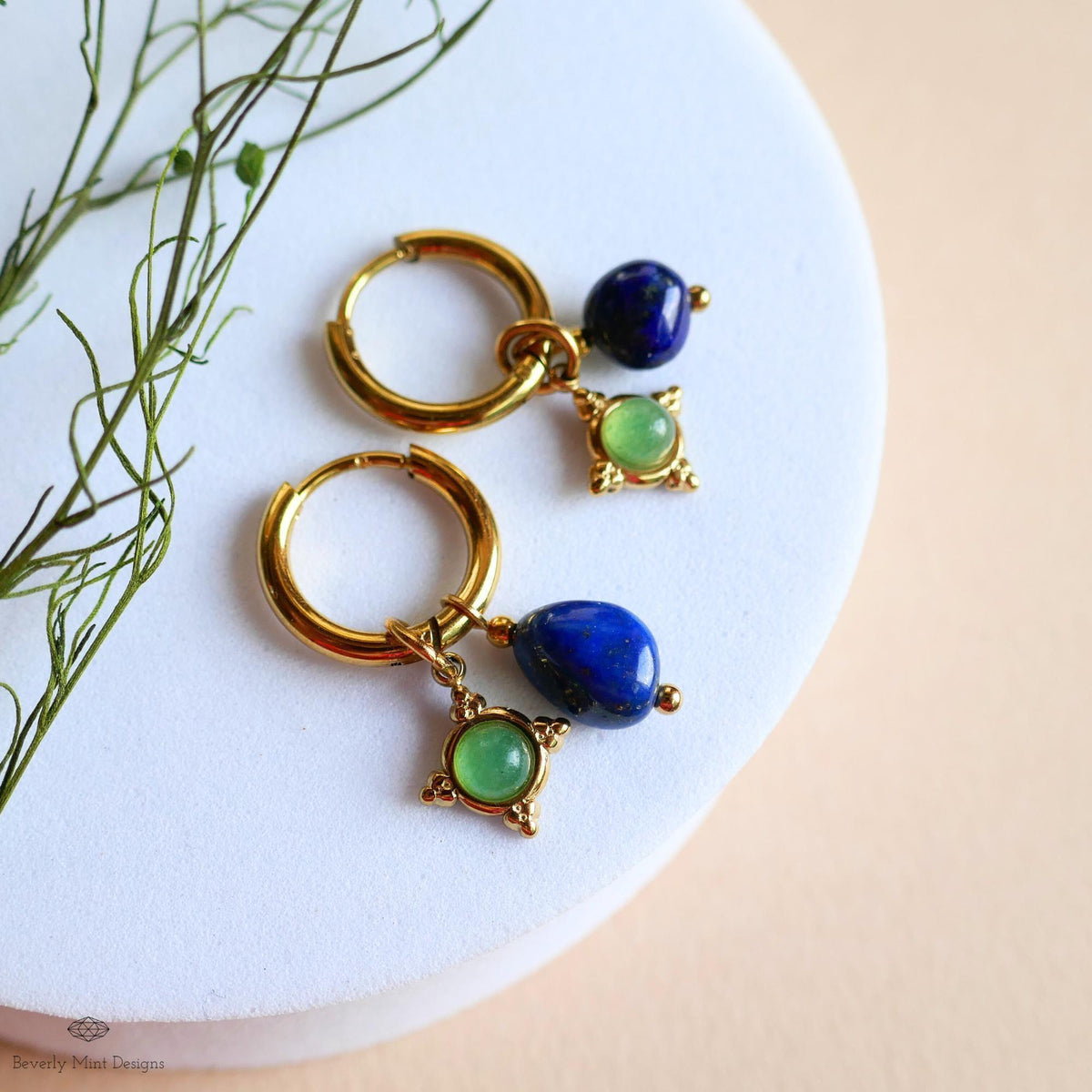 Lapis Lazuli and Green Stone Dangles, Boho Drop Hoops, Unique Jewelry for Her, Dainty , Unique Everyday Jewelry