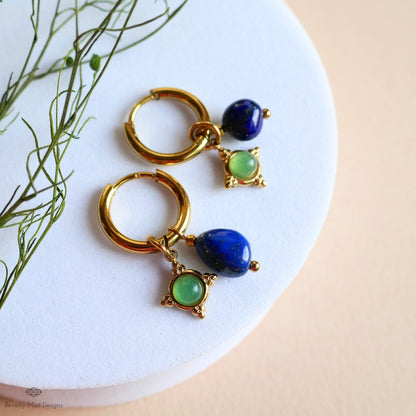 Lapis Lazuli and Green Stone Dangles, Boho Drop Hoops, Unique Jewelry for Her, Dainty , Unique Everyday Jewelry