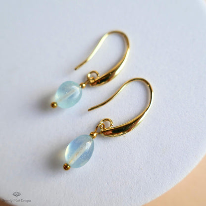 Aquamarine Dangle Earrings, Gold Drop Earrings, Minimalist Earrings, March Birthstone Jewelry, Sensitive Ear & Clip-On Options