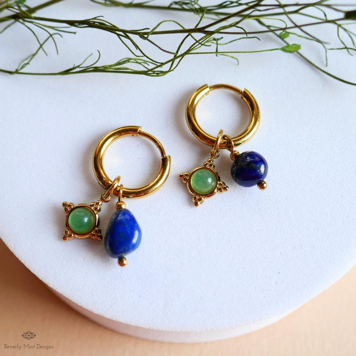 Lapis Lazuli and Green Stone Dangles, Boho Drop Hoops, Unique Jewelry for Her, Dainty , Unique Everyday Jewelry