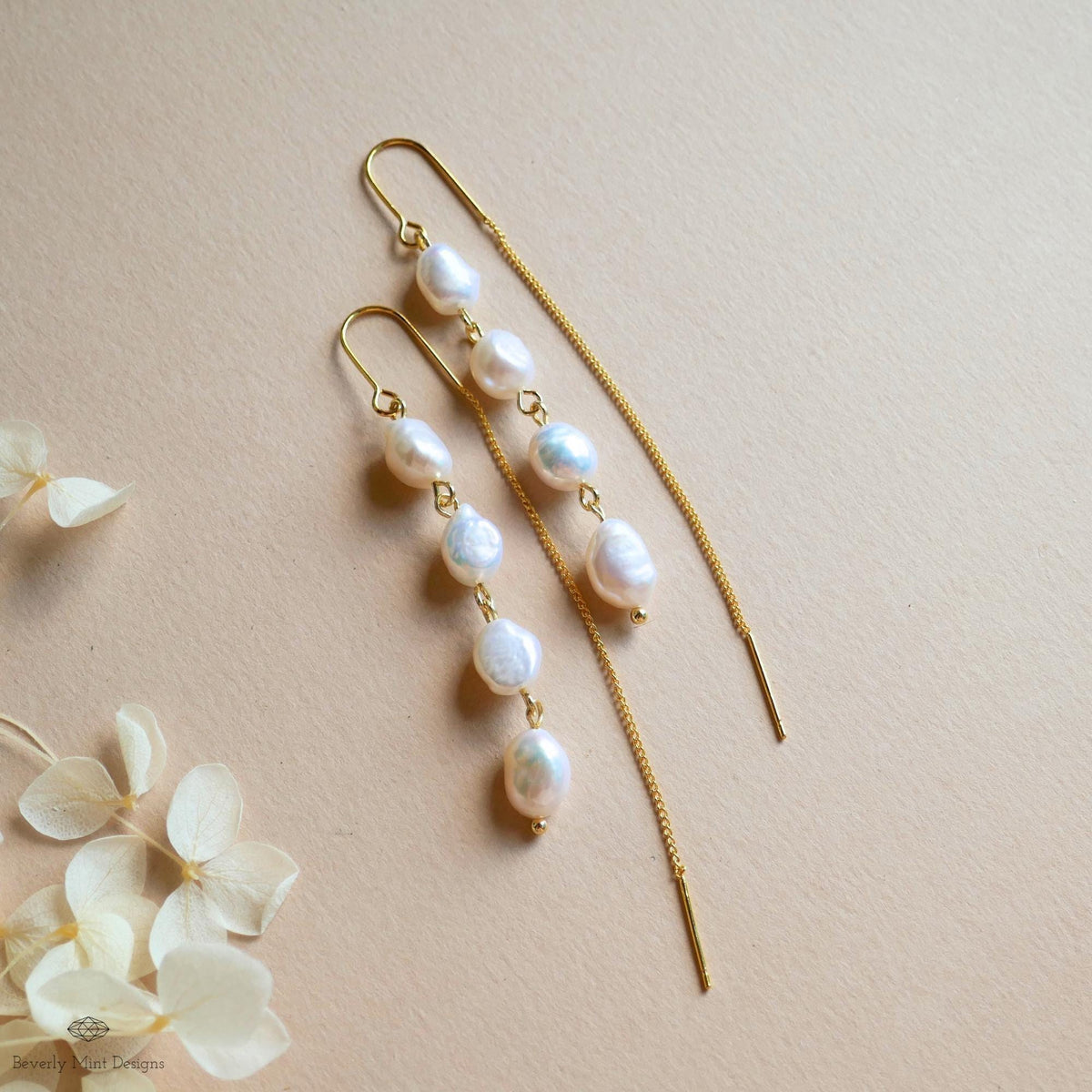 Freshwater Pearl Earrings with Gold Threader, Long Drop Earrings, Dainty Minimalist Jewelry, Sensitive Ear & Clip-On Options