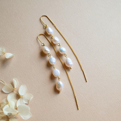 Freshwater Pearl Earrings with Gold Threader, Long Drop Earrings, Dainty Minimalist Jewelry, Sensitive Ear & Clip-On Options