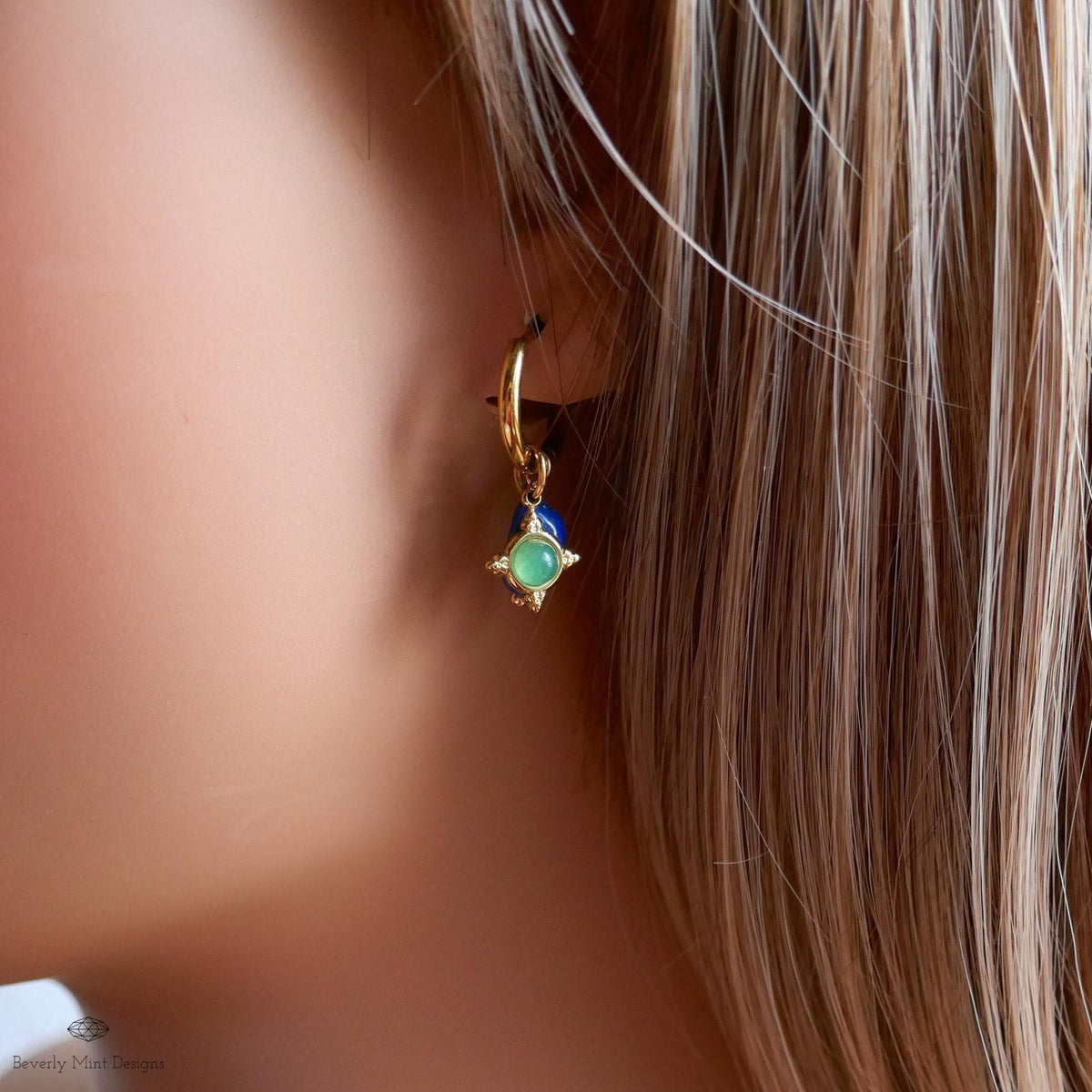 Lapis Lazuli and Green Stone Dangles, Boho Drop Hoops, Unique Jewelry for Her, Dainty , Unique Everyday Jewelry