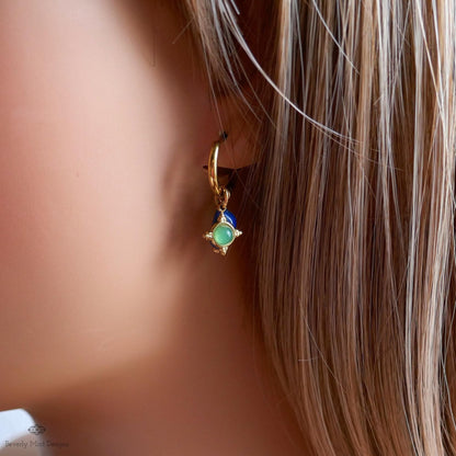 Lapis Lazuli and Green Stone Dangles, Boho Drop Hoops, Unique Jewelry for Her, Dainty , Unique Everyday Jewelry