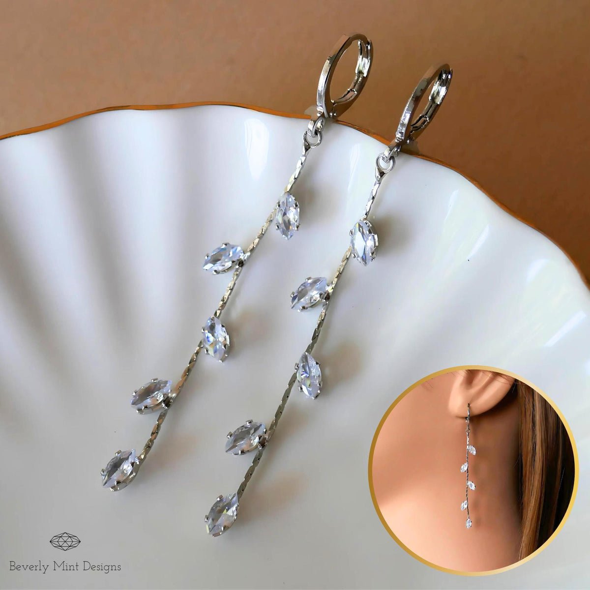 Silver Leaf Earrings, Leaves Earrings, Platinum Plated Long Dangle Earrings, Leafy Earrings, Sensitive Ear & Clip-On Options