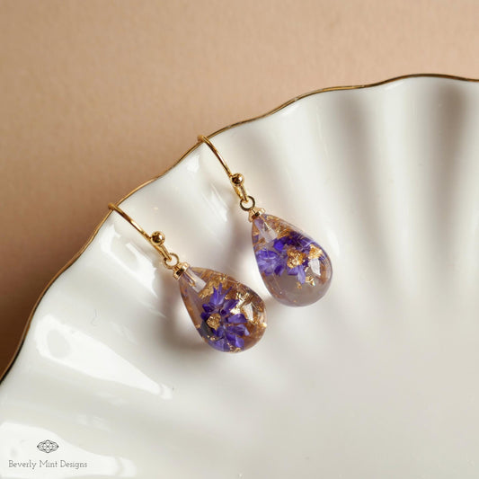 Pressed Flower Resin Earrings, Purple Floral Drop Earrings, Gold Flake Jewelry, Nature Inspired Jewelry, Sensitive Ear & Clip-On Options