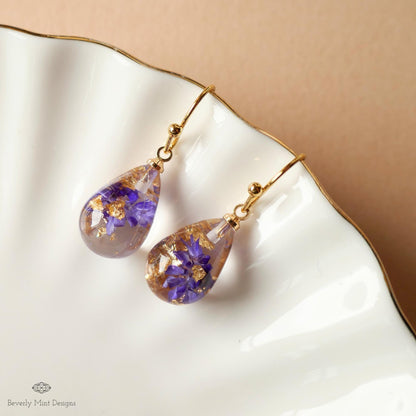 Pressed Flower Resin Earrings, Purple Floral Drop Earrings, Gold Flake Jewelry, Nature Inspired Jewelry, Sensitive Ear & Clip-On Options