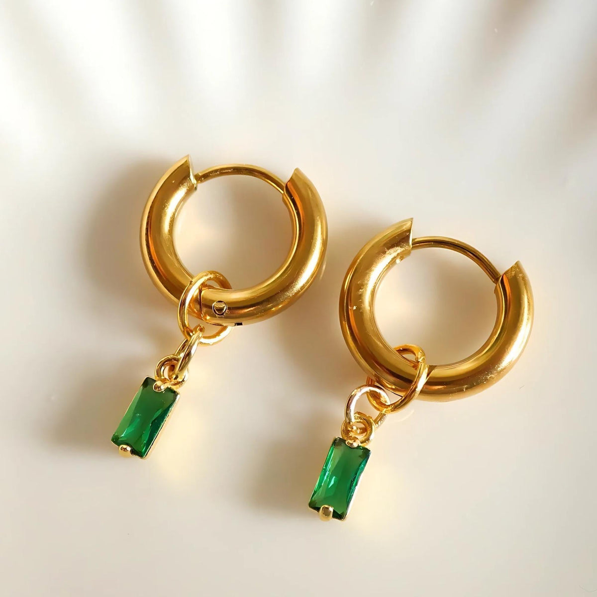 Chunky Gold Hoop Earrings, Green Stone Drop Earrings, Dainty Huggie Hoops, Minimalist Gold Jewelry for Women, Lightweight