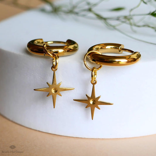 North Star Hoop Earrings , Gold Celestial Dangle Earrings, Spiritual Star Jewelry, Boho