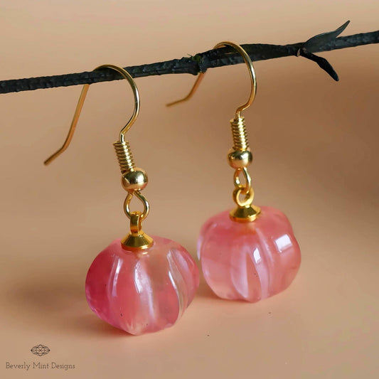 Halloween Pumpkin Earrings, Watermelon Red Stone Earrings, Cute Red Pumpkin Earrings, Fun Halloween Jewelry, Sensitive Ear & Clip-On Options