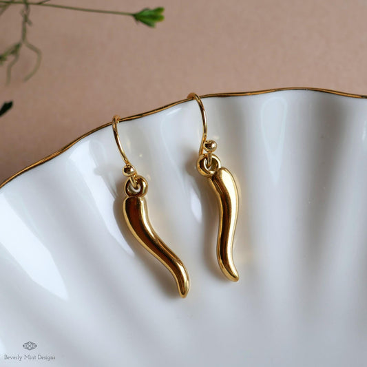 Gold Chili Pepper Earrings, Gold Pepper Dangle, Navy Blue Earrings, Fun Earrings, Spicy Statement Earrings, Sensitive Ear & Clip-On Options