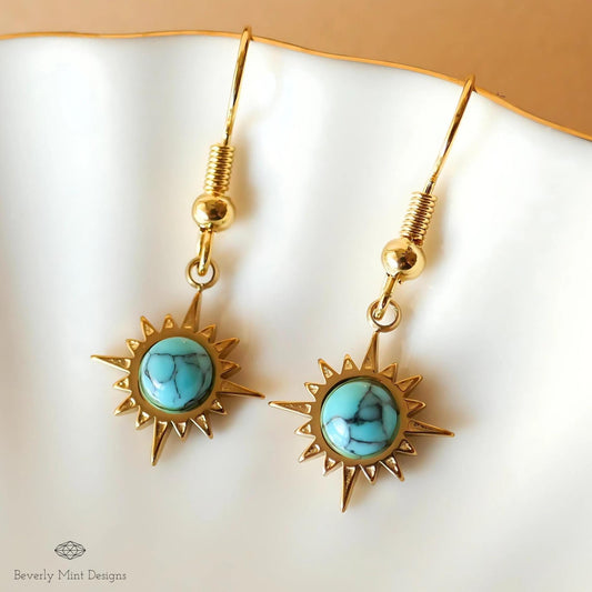 Sun Earrings ,Boho Sun Earrings 18K Gold Plated Small Earrings, Turquoise Blue Earrings, Sensitive Ear & Clip-On Options