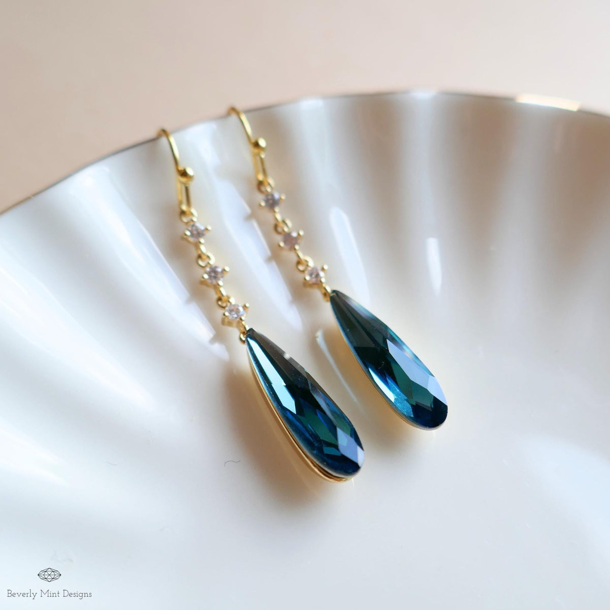 Blue Teardrop Earrings, Long Dangle Earrings, Blue Cubic Zirconia Earrings, Statement Jewelry, Sensitive Ear & Clip-On Options