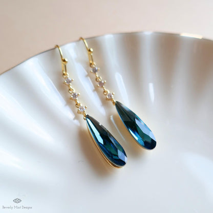 Blue Teardrop Earrings, Long Dangle Earrings, Blue Cubic Zirconia Earrings, Statement Jewelry, Sensitive Ear & Clip-On Options