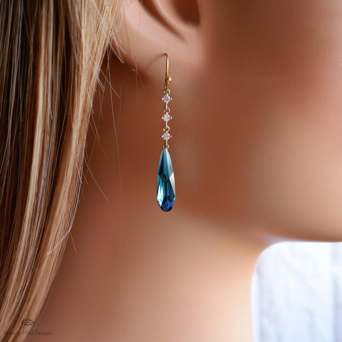 Blue Teardrop Earrings, Long Dangle Earrings, Blue Cubic Zirconia Earrings, Statement Jewelry, Sensitive Ear & Clip-On Options