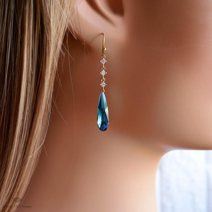 Blue Teardrop Earrings, Long Dangle Earrings, Blue Cubic Zirconia Earrings, Statement Jewelry, Sensitive Ear & Clip-On Options