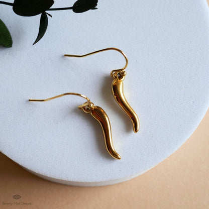 Gold Chili Pepper Earrings, Gold Pepper Dangle, Navy Blue Earrings, Fun Earrings, Spicy Statement Earrings, Sensitive Ear & Clip-On Options