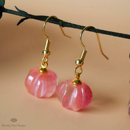Halloween Pumpkin Earrings, Watermelon Red Stone Earrings, Cute Red Pumpkin Earrings, Fun Halloween Jewelry, Sensitive Ear & Clip-On Options