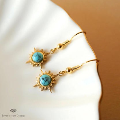 Sun Earrings ,Boho Sun Earrings 18K Gold Plated Small Earrings, Turquoise Blue Earrings, Sensitive Ear & Clip-On Options