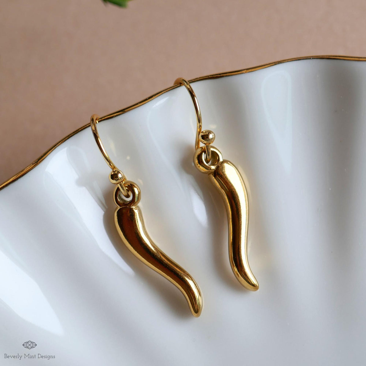 Gold Chili Pepper Earrings, Gold Pepper Dangle, Navy Blue Earrings, Fun Earrings, Spicy Statement Earrings, Sensitive Ear & Clip-On Options