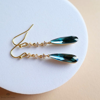 Blue Teardrop Earrings, Long Dangle Earrings, Blue Cubic Zirconia Earrings, Statement Jewelry, Sensitive Ear & Clip-On Options