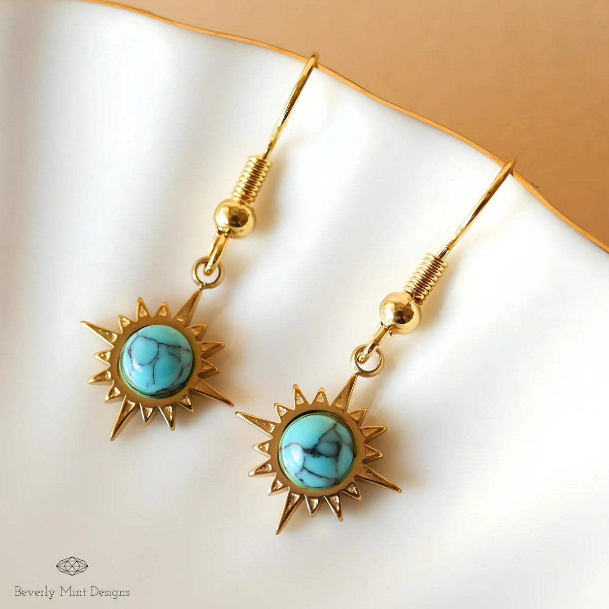 Sun Earrings ,Boho Sun Earrings 18K Gold Plated Small Earrings, Turquoise Blue Earrings, Sensitive Ear & Clip-On Options