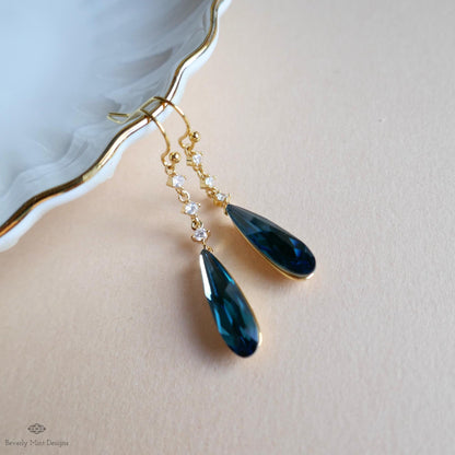 Blue Teardrop Earrings, Long Dangle Earrings, Blue Cubic Zirconia Earrings, Statement Jewelry, Sensitive Ear & Clip-On Options