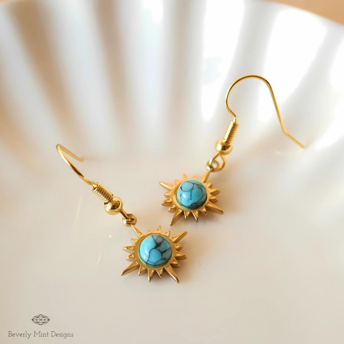 Sun Earrings ,Boho Sun Earrings 18K Gold Plated Small Earrings, Turquoise Blue Earrings, Sensitive Ear & Clip-On Options