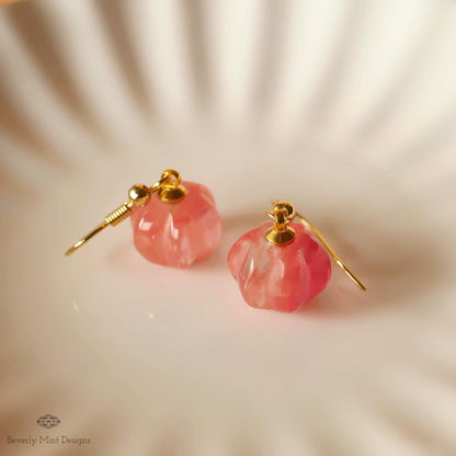 Halloween Pumpkin Earrings, Watermelon Red Stone Earrings, Cute Red Pumpkin Earrings, Fun Halloween Jewelry, Sensitive Ear & Clip-On Options