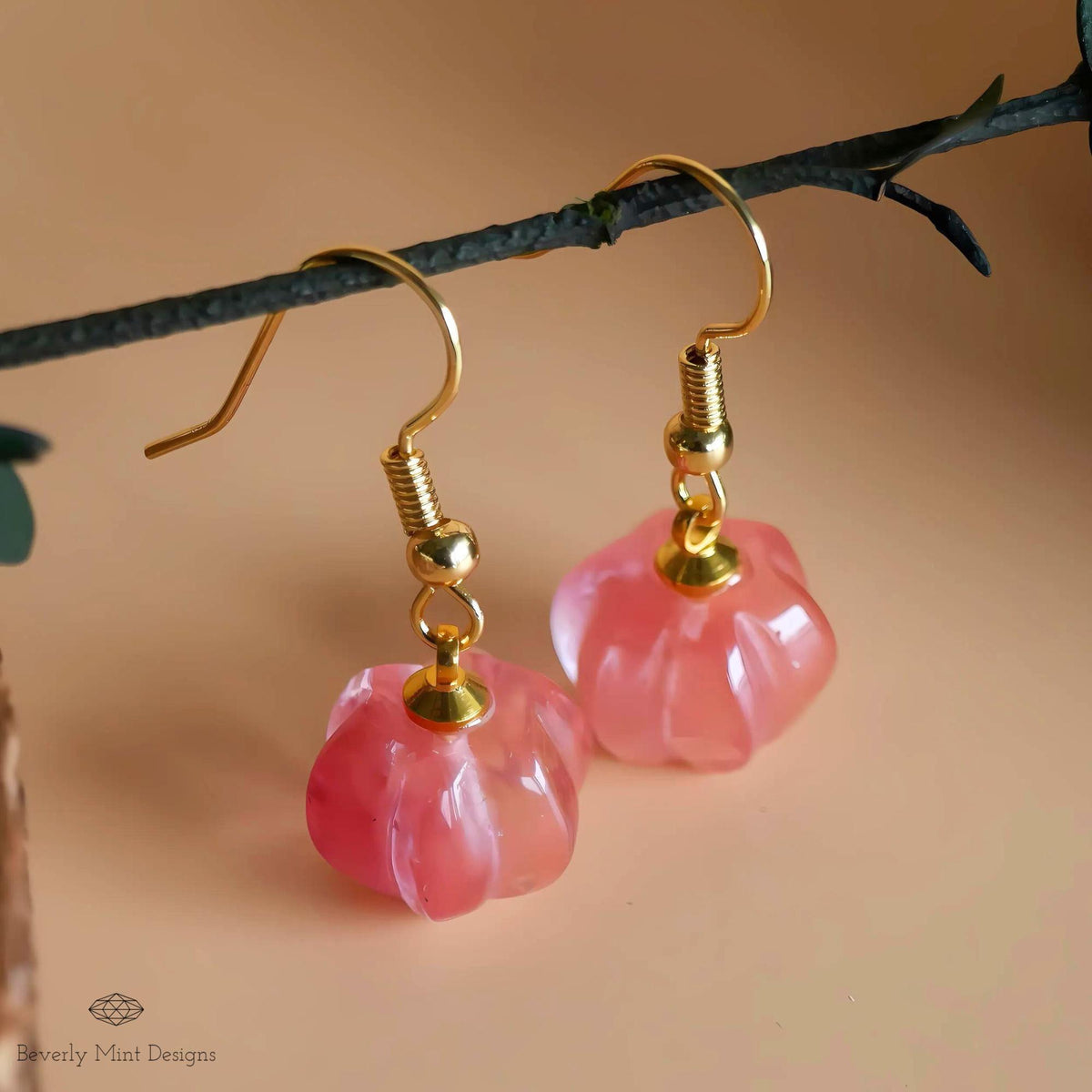 Halloween Pumpkin Earrings, Watermelon Red Stone Earrings, Cute Red Pumpkin Earrings, Fun Halloween Jewelry, Sensitive Ear & Clip-On Options