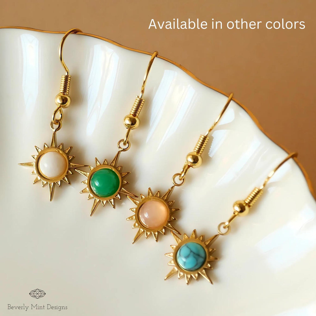 Sun Earrings ,Boho Sun Earrings 18K Gold Plated Small Earrings, Turquoise Blue Earrings, Sensitive Ear & Clip-On Options