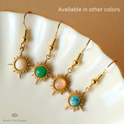 Sun Earrings ,Boho Sun Earrings 18K Gold Plated Small Earrings, Turquoise Blue Earrings, Sensitive Ear & Clip-On Options
