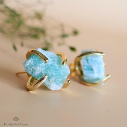 Amazonite Stud Earrings with 18K Gold, Green Stone Earrings,  1/2 - 3/4 inches, Natural Raw Stone Earrings, Gift For Her, Chakra Stone