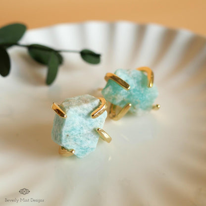 Amazonite Stud Earrings with 18K Gold, Green Stone Earrings,  1/2 - 3/4 inches, Natural Raw Stone Earrings, Gift For Her, Chakra Stone