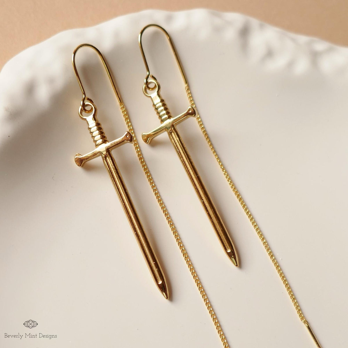 Gold Sword Threader Earrings, Dagger Drop Earrings, Minimalist Fantasy Jewelry, Gothic Threader Earrings, Sensitive Ear & Clip-On Options