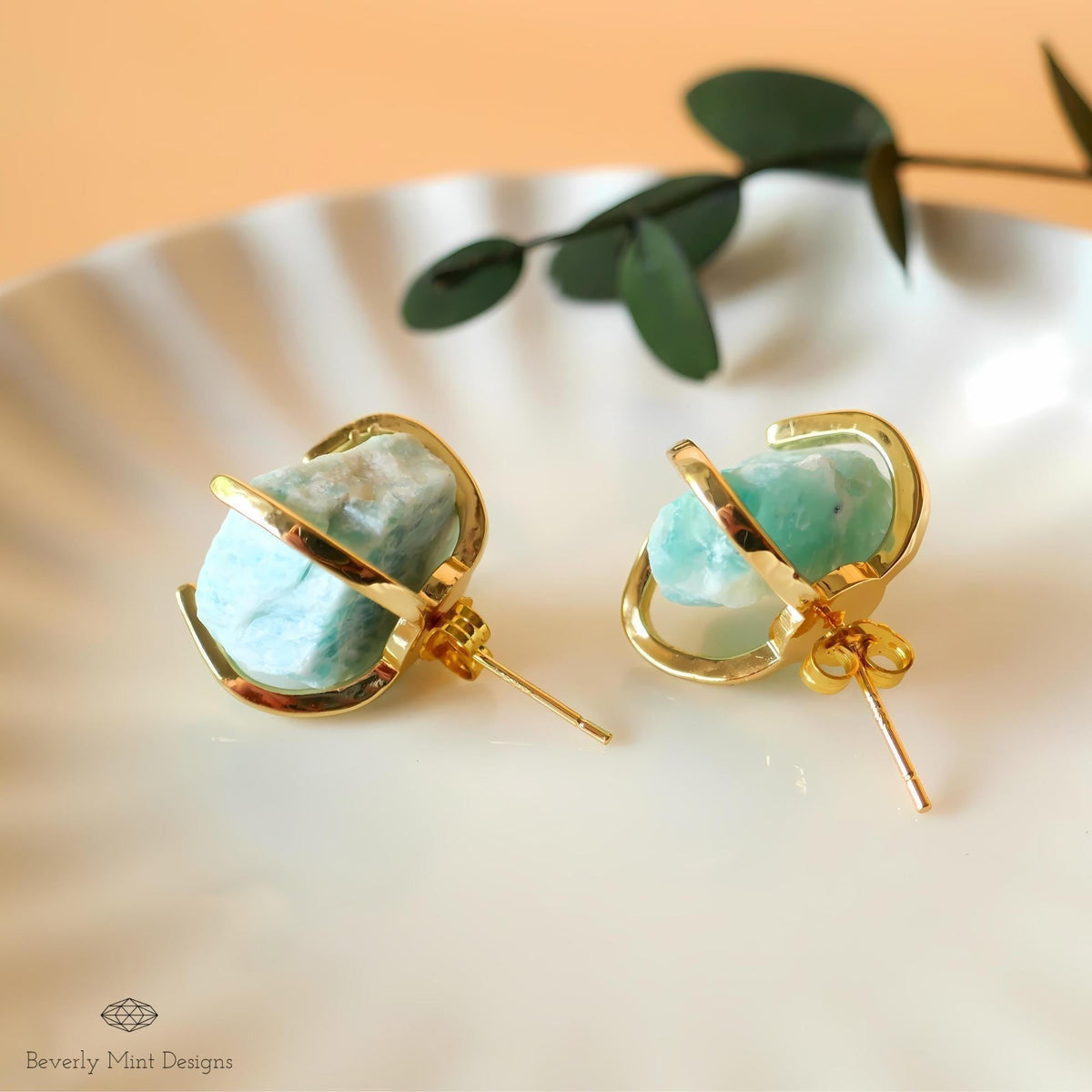 Amazonite Stud Earrings with 18K Gold, Green Stone Earrings,  1/2 - 3/4 inches, Natural Raw Stone Earrings, Gift For Her, Chakra Stone