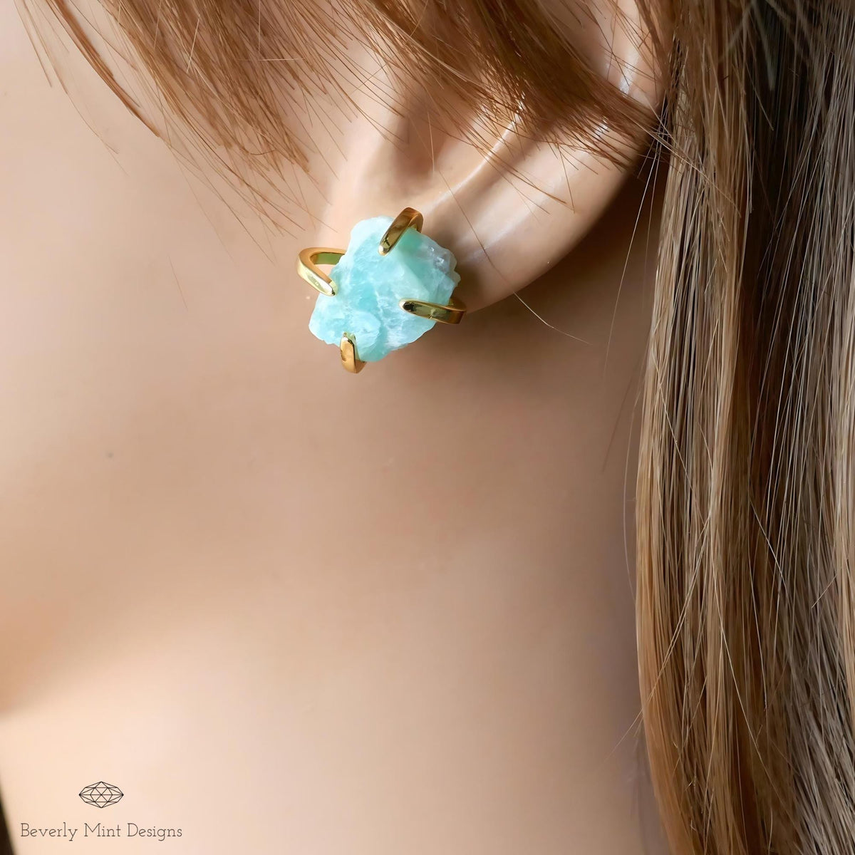 Amazonite Stud Earrings with 18K Gold, Green Stone Earrings,  1/2 - 3/4 inches, Natural Raw Stone Earrings, Gift For Her, Chakra Stone