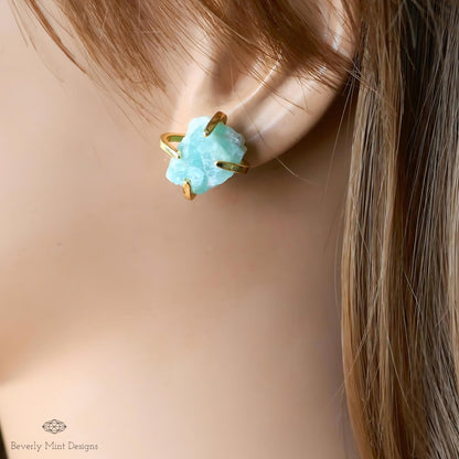 Amazonite Stud Earrings with 18K Gold, Green Stone Earrings,  1/2 - 3/4 inches, Natural Raw Stone Earrings, Gift For Her, Chakra Stone